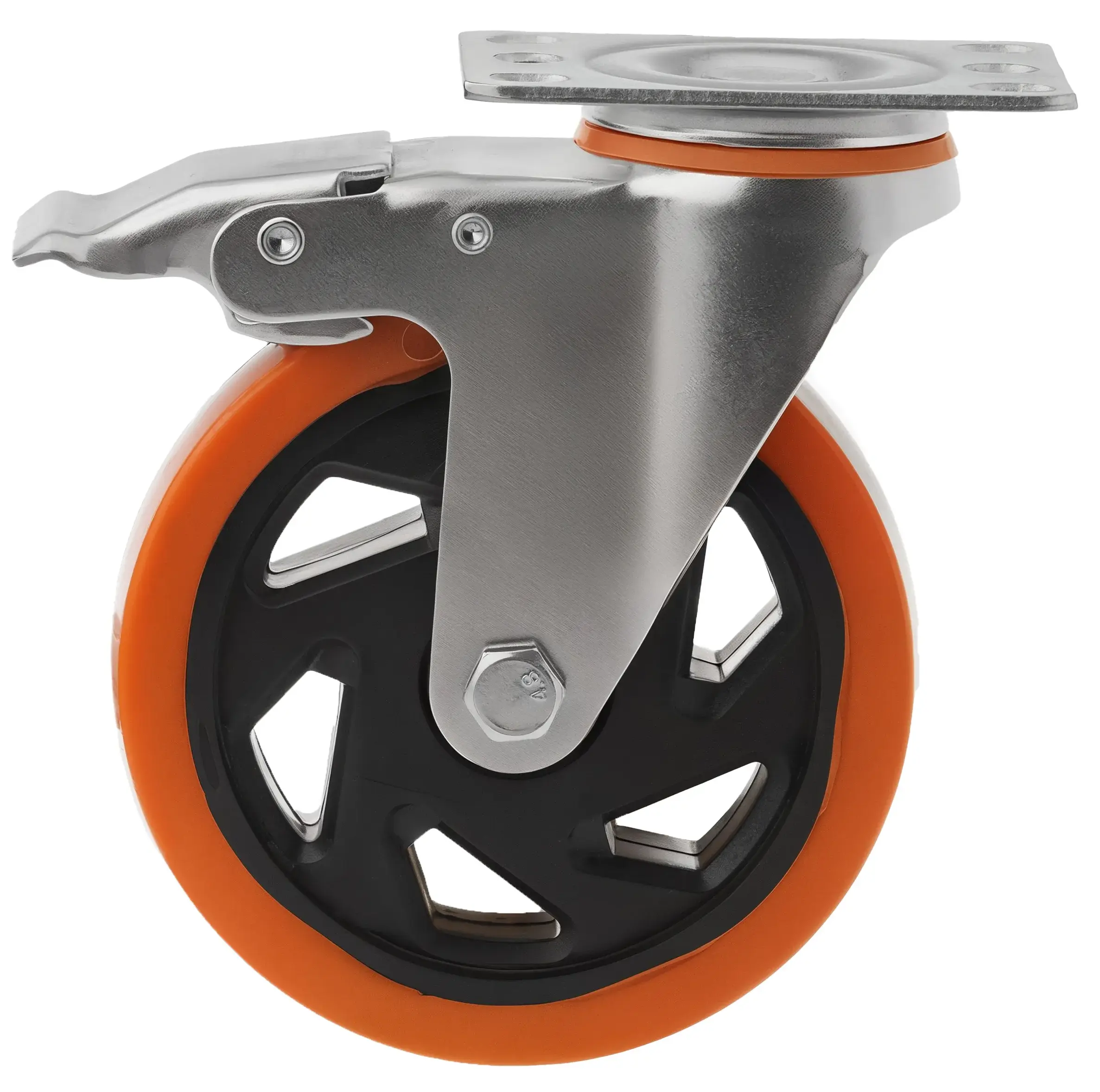 Промышленное колесо с полиуретановой шинкой, диаметр 125мм, поворотное, тормоз, крепление площадка, шариковый подшипник - SCBM 55